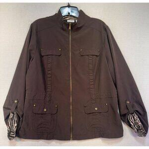 Chicos Zenergy Womens Jacket Size 2 Med Brown Zebra Print Cuffs Zip-Up Front & P